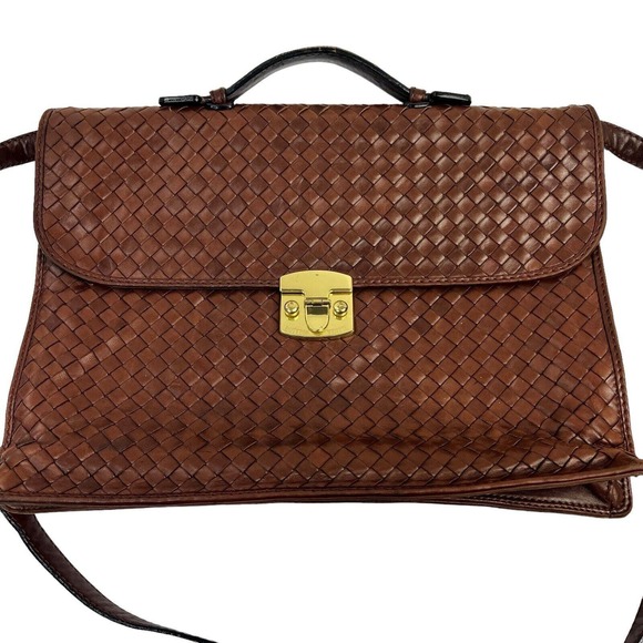Bottega Veneta Other - Bottega Veneta Cognac Brown Woven Leather Briefcase Top Handle Gold Buckle